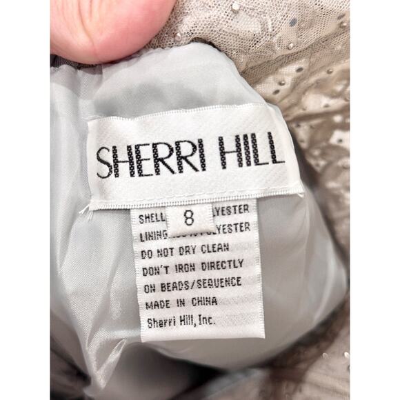 NWT Sherri Hill Halter Ruffle Tulle Cocktail Gown with Leaf Lace Bodice Silver 8 - Picture 6 of 7